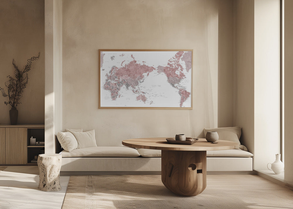 Pacific centered world map in dusty pink Poster