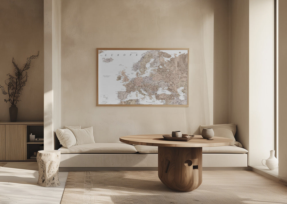 Taupe detailed map of Europe Poster