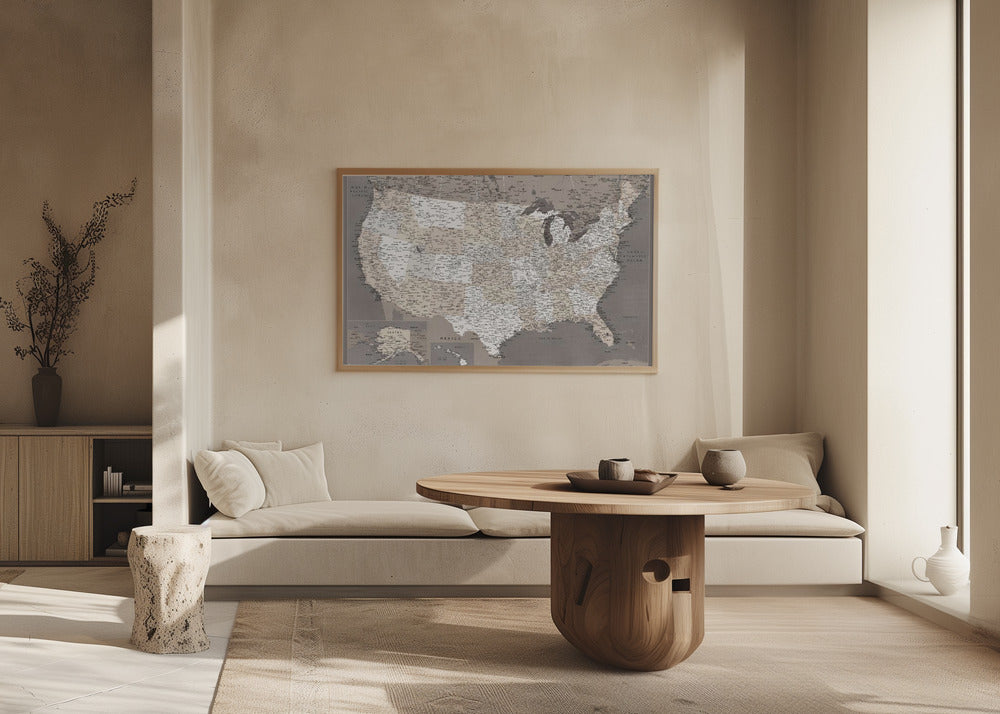 Highly detailed map of the United States, dark taupe Poster