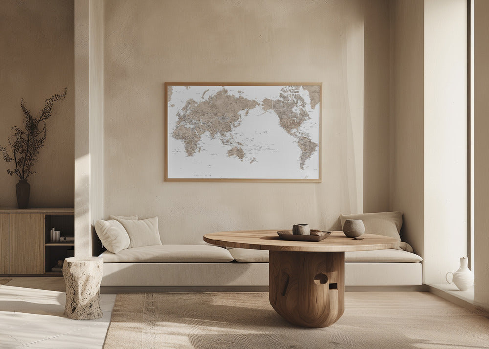 Pacific-centered world map with cities, Abey Poster