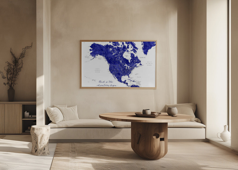 Adventure map of North America in cobalt blue Poster