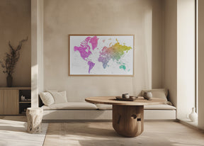 Watercolor world map with countries, Leo Poster