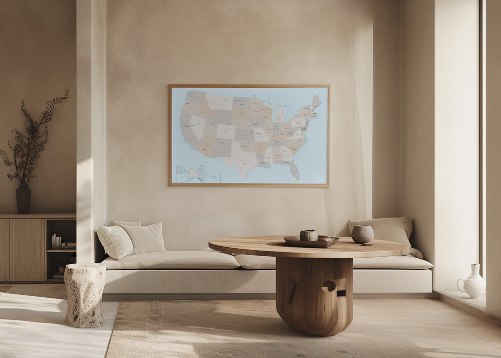 Isolated map of the United States with States and State capitals Poster