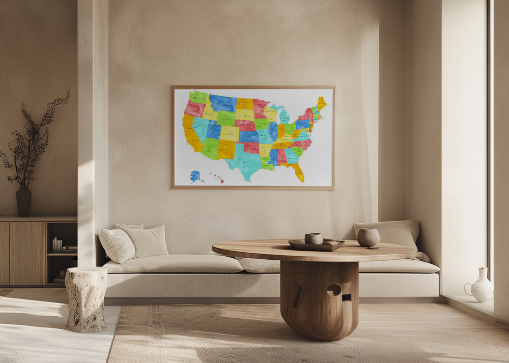 Colorful map of the United States with States and State capitals Poster