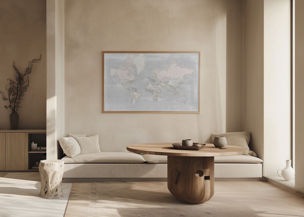 Detailed world map with cities, Maeli pastels Poster