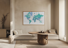 Detailed world map with cities, Caribbean waters Poster