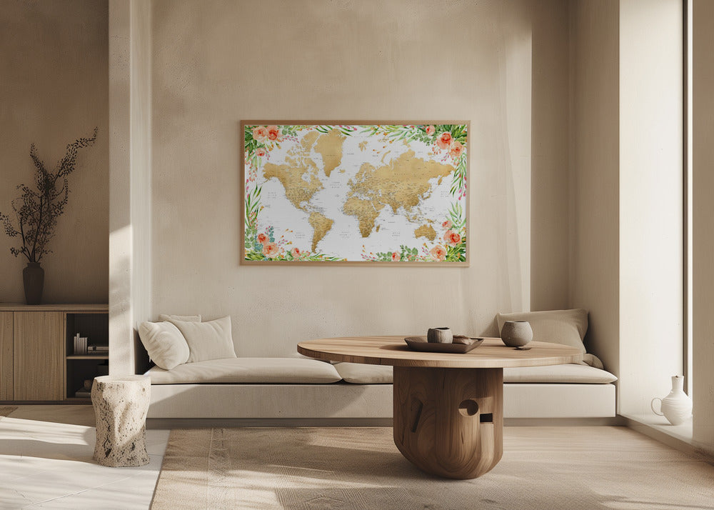 Floral bohemian world map with cities, Blythe Poster