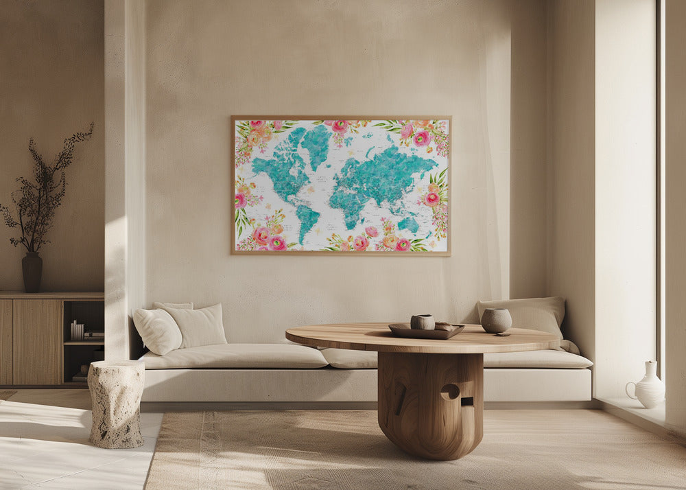 Detailed floral world map with cities, Haven Poster