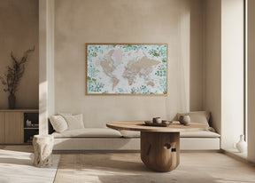 Detailed floral world map with cities, Leanne Poster