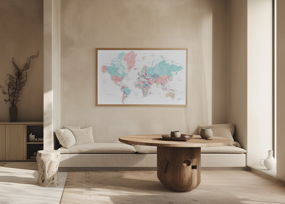 Distressed pastels world map with cities, Carmen Poster