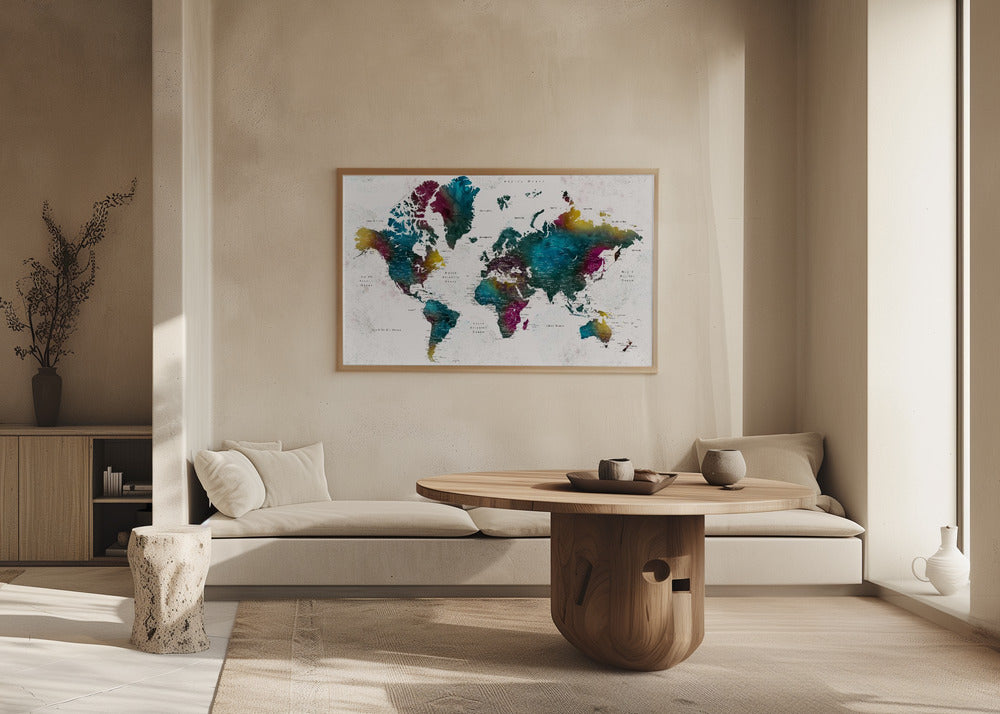 Watercolor world map with cities, Charleena Poster