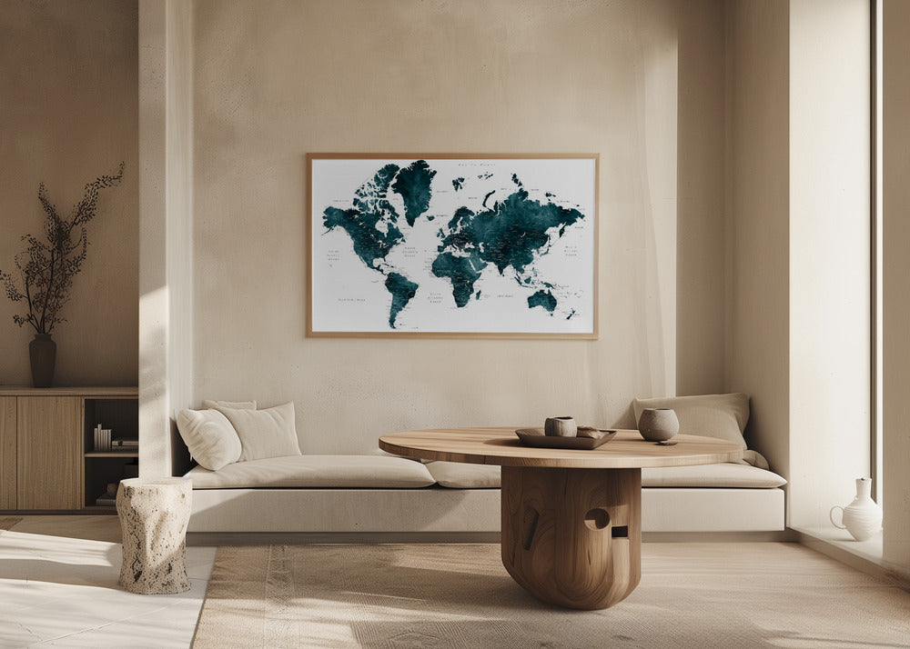 Dark teal world map with cities, Makani Poster