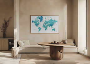 Watercolor world map with cities, Uzziel Poster