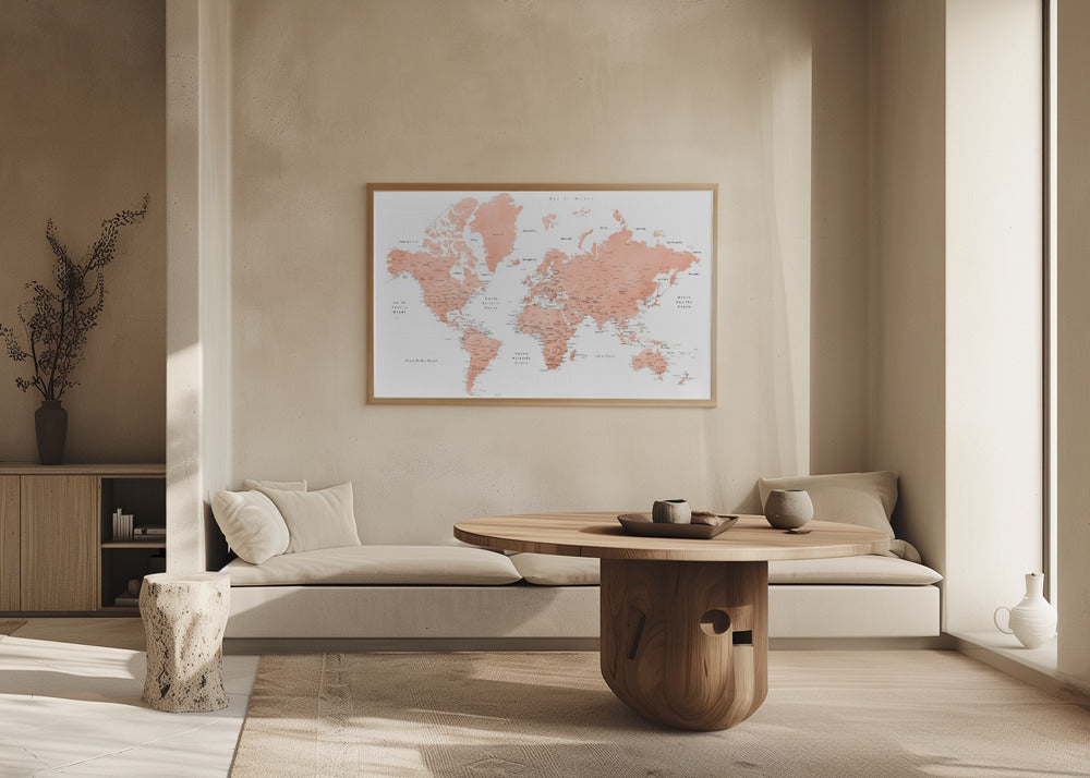 Rose gold world map with cities, Hadi Poster