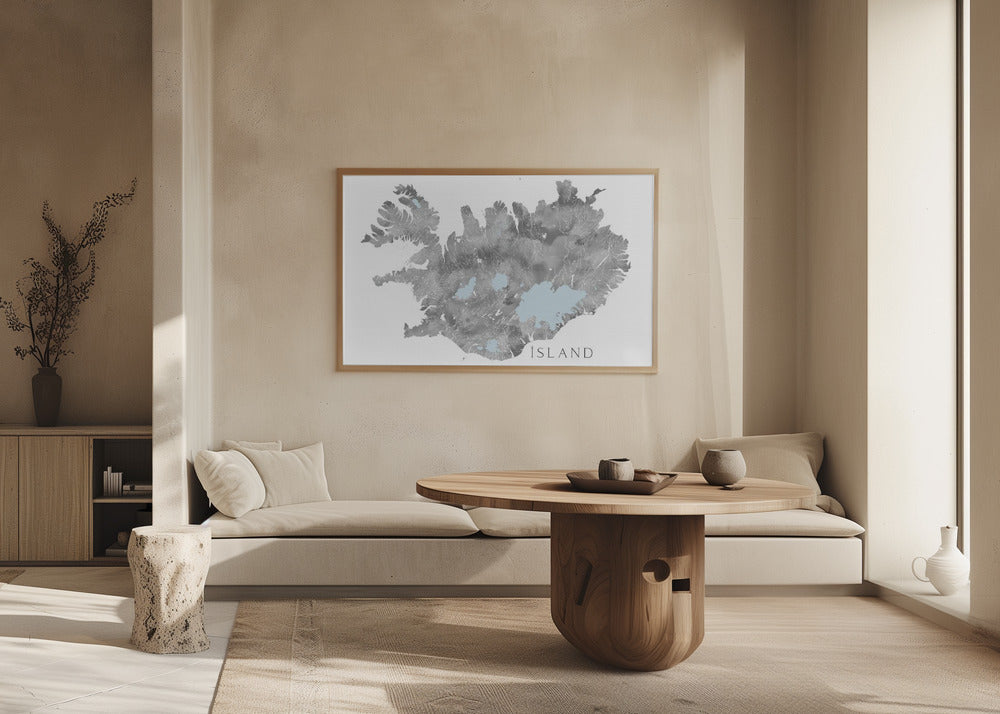 Ísland - Iceland blank map in gray watercolor Poster