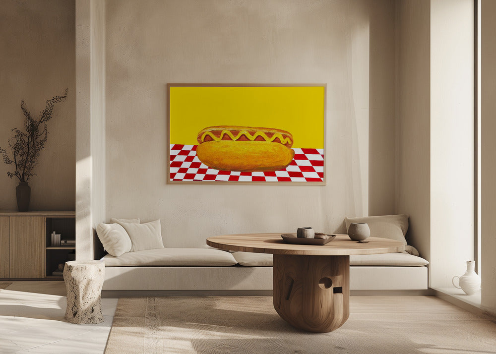 Hot Dog With Mustard Red Check Yellow Poster