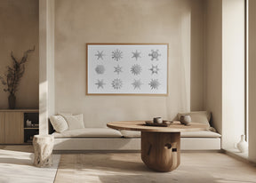 Twelve geometric snowflakes in gray Poster