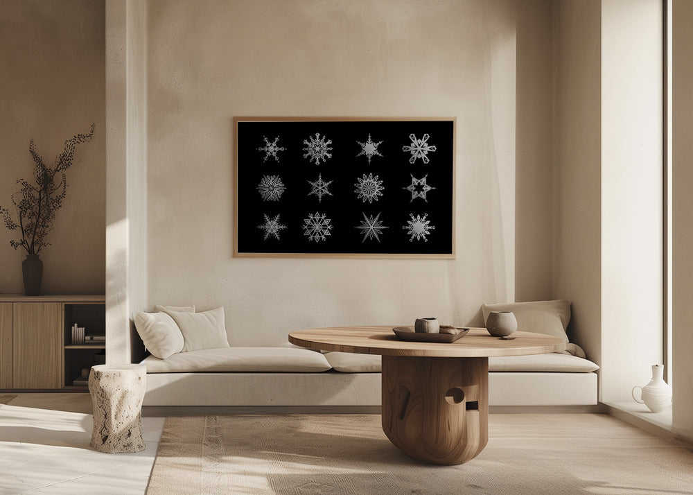 Twelve geometric snowflakes in black Poster