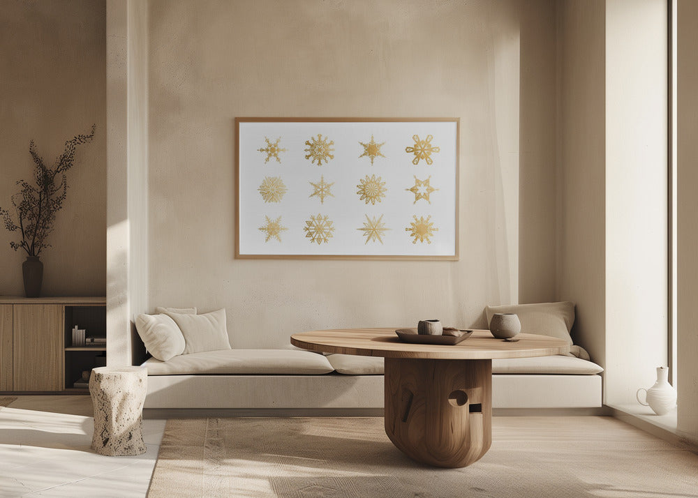 Twelve geometric snowflakes in gold Poster