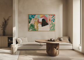 Woman taking bath in pink tropical bathroom Poster