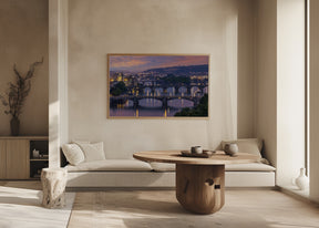 Evening view over the Vltava bridges in Prague Poster