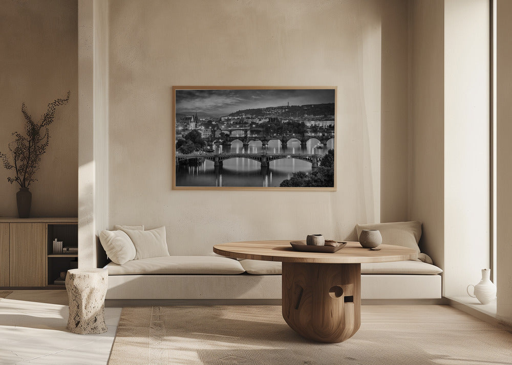 Evening view over the Vltava bridges in Prague - Monochrome Poster