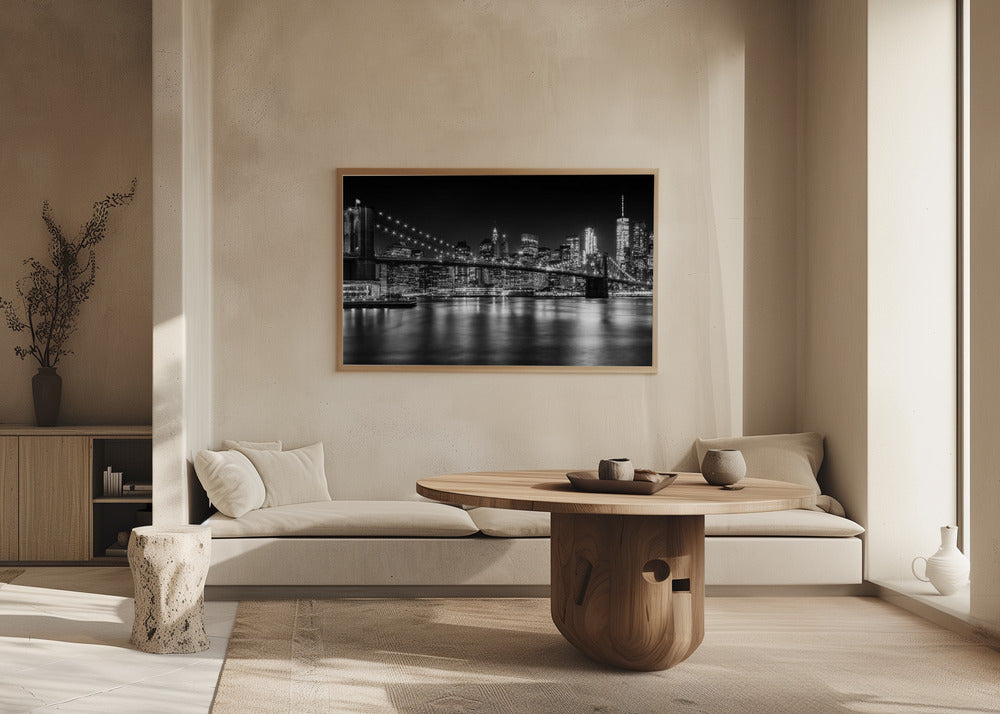 MANHATTAN SKYLINE &amp; BROOKLYN BRIDGE Idyllic Nightscape - Monochrome Panoramic Poster