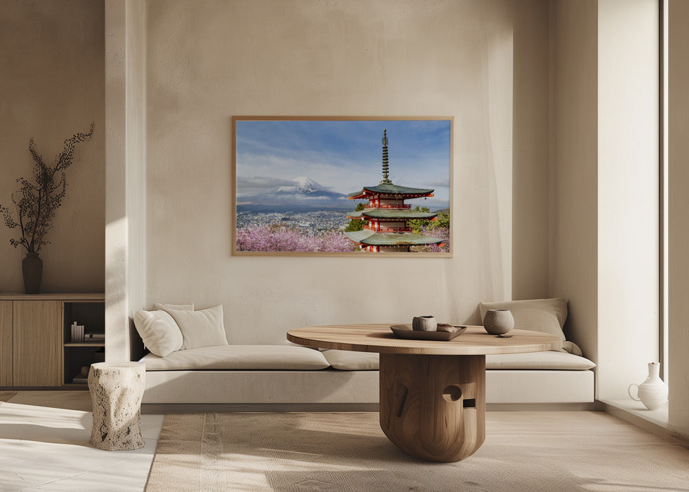 Magnificent view of Mount Fuji with Chureito Pagoda during cherry blossom season Poster