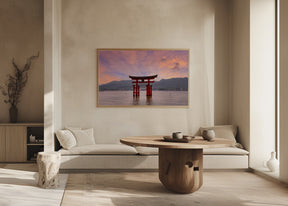 Vermilion Torii of Itsukushima Shrine on Miyajima at sunset Poster