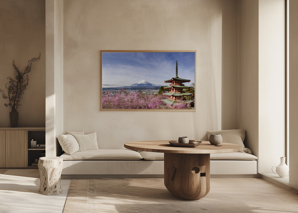 Magnificent panoramic view of Mount Fuji with Chureito Pagoda during cherry blossom season Poster