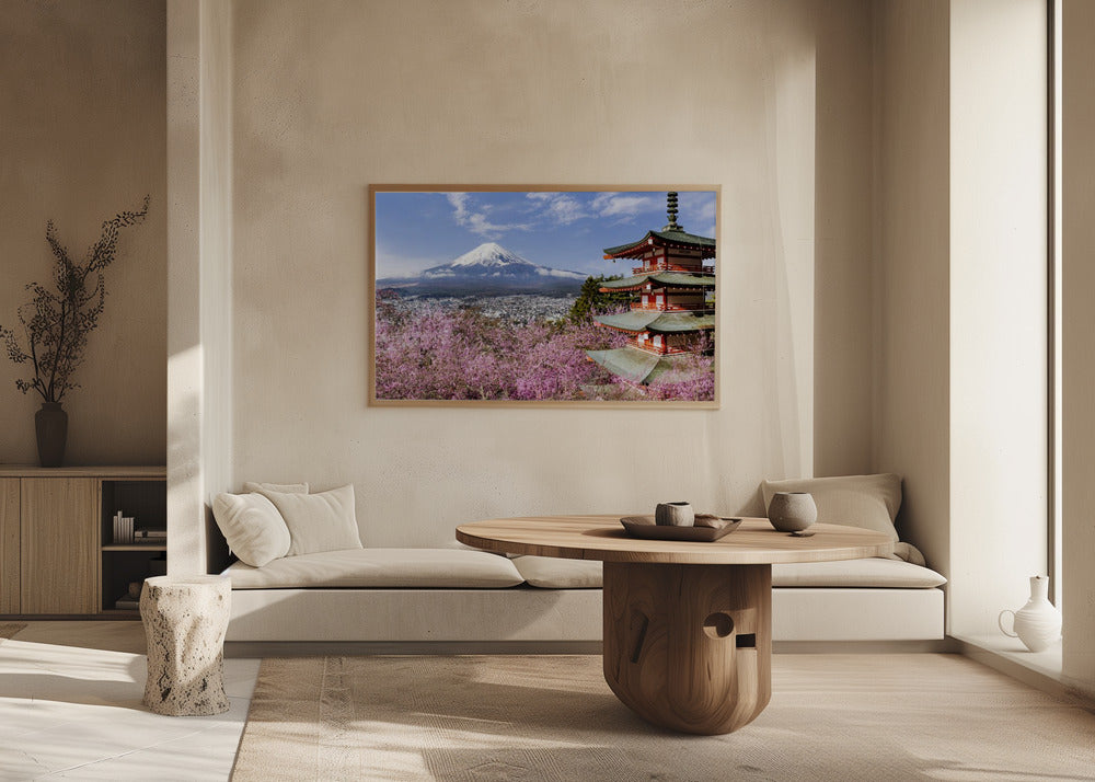 Gorgeous panoramic view of Mount Fuji with Chureito Pagoda during cherry blossom season Poster