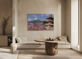 Picturesque view of Mount Fuji with Chureito Pagoda during cherry blossom season Poster