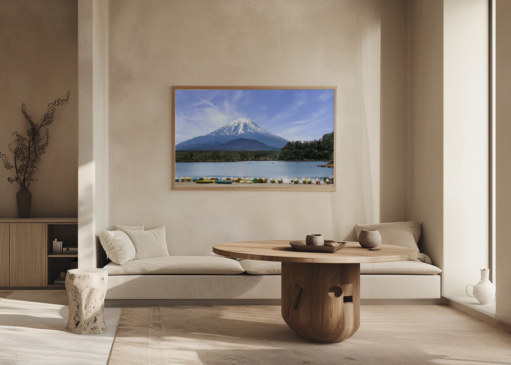 Idyllic Lake Shoji with majestic Mount Fuji Poster