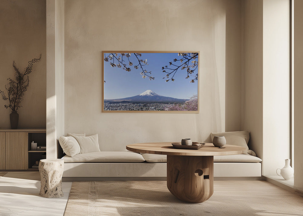 Fantastic panoramic view of Mount Fuji with cherry blossoms Poster