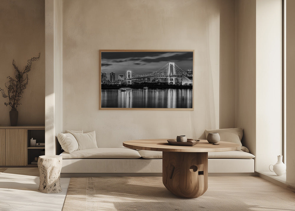 Gorgeous Rainbow Bridge and Tokyo Skyline at sunset - monochrome panorama Poster