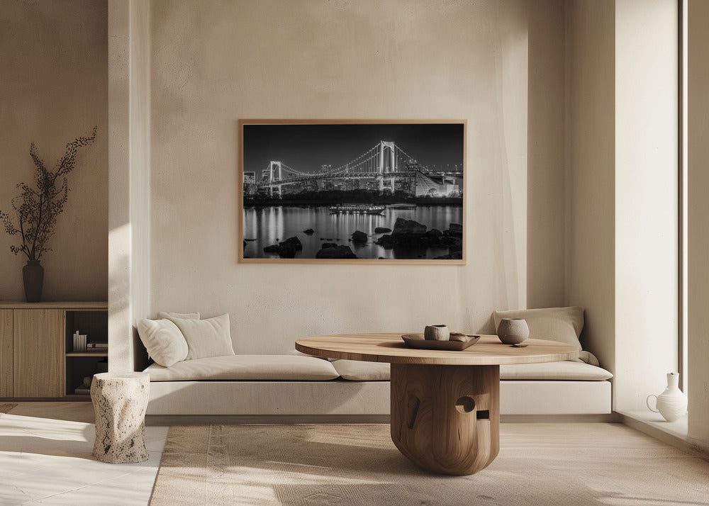 Striking Rainbow Bridge with Tokyo Skyline in the evening - monochrome panorama Poster