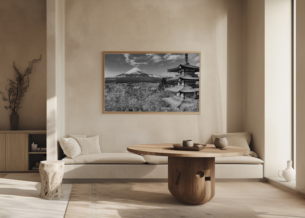 Gorgeous panoramic view of Mount Fuji with Chureito Pagoda during cherry blossom season - monochrome Poster