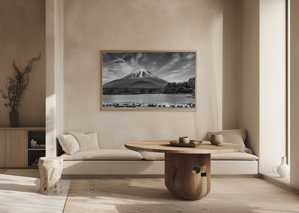 Idyllic Lake Shoji with majestic Mount Fuji - monochrome Poster