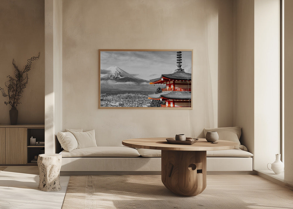 Unique panoramic view of Mount Fuji with Chureito Pagoda - colorkey Poster