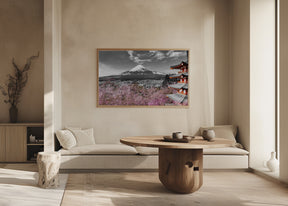 Idyllic panoramic view of Mount Fuji with Pagoda and Cherry Trees - colorkey Poster