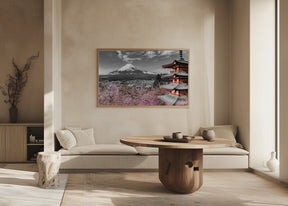 Lovely view of Mount Fuji with Pagoda and Cherry Trees - colorkey Poster