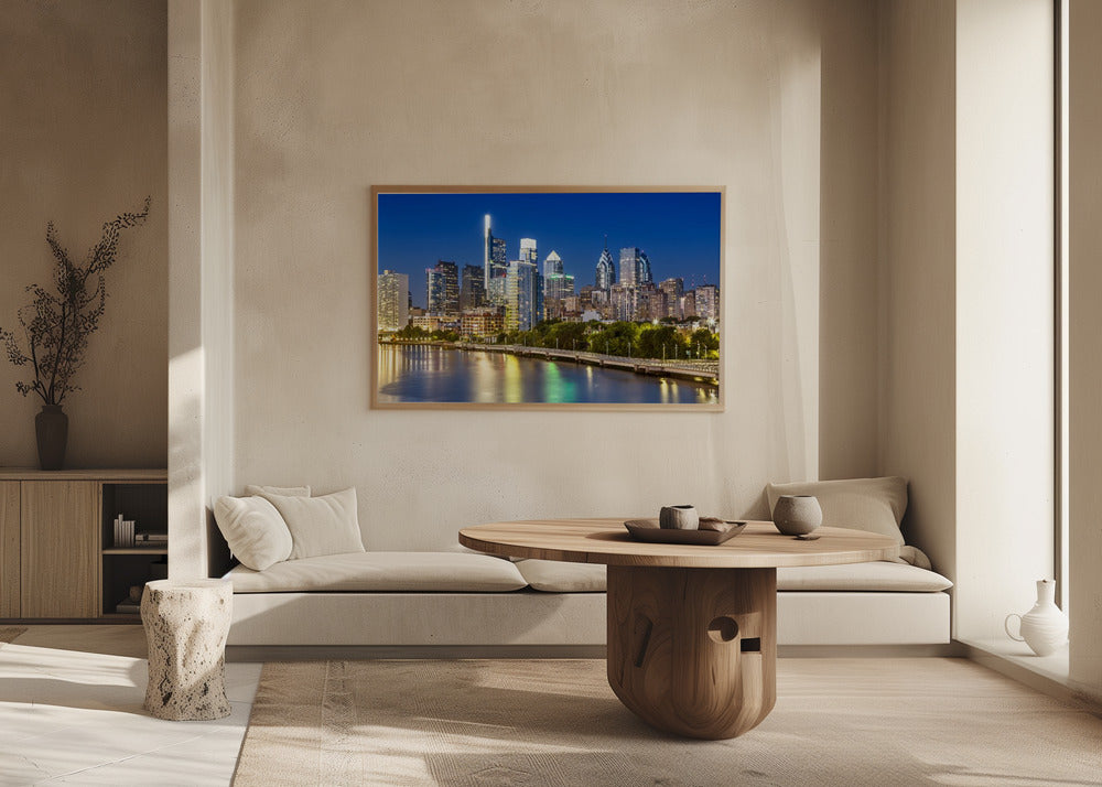 View of downtown Philadelphia from the South Street Bridge in the evening Poster