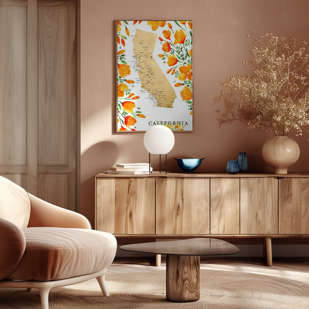 California map with watercolor poppies Poster