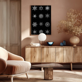 Twelve geometric snowflakes in black Poster