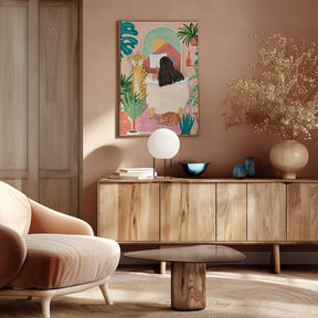 Woman taking bath in pink tropical bathroom Poster