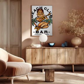 Beach Club Bar. Sailor Jerry Style Pin-up Girl Playing Guitar Poster