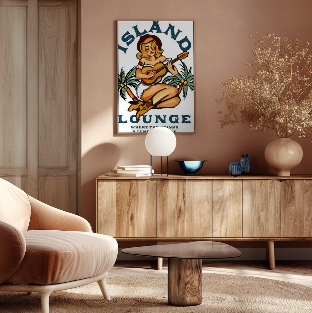 Island Lounge Tropical Pin Up Girl Playing Guitar Poster