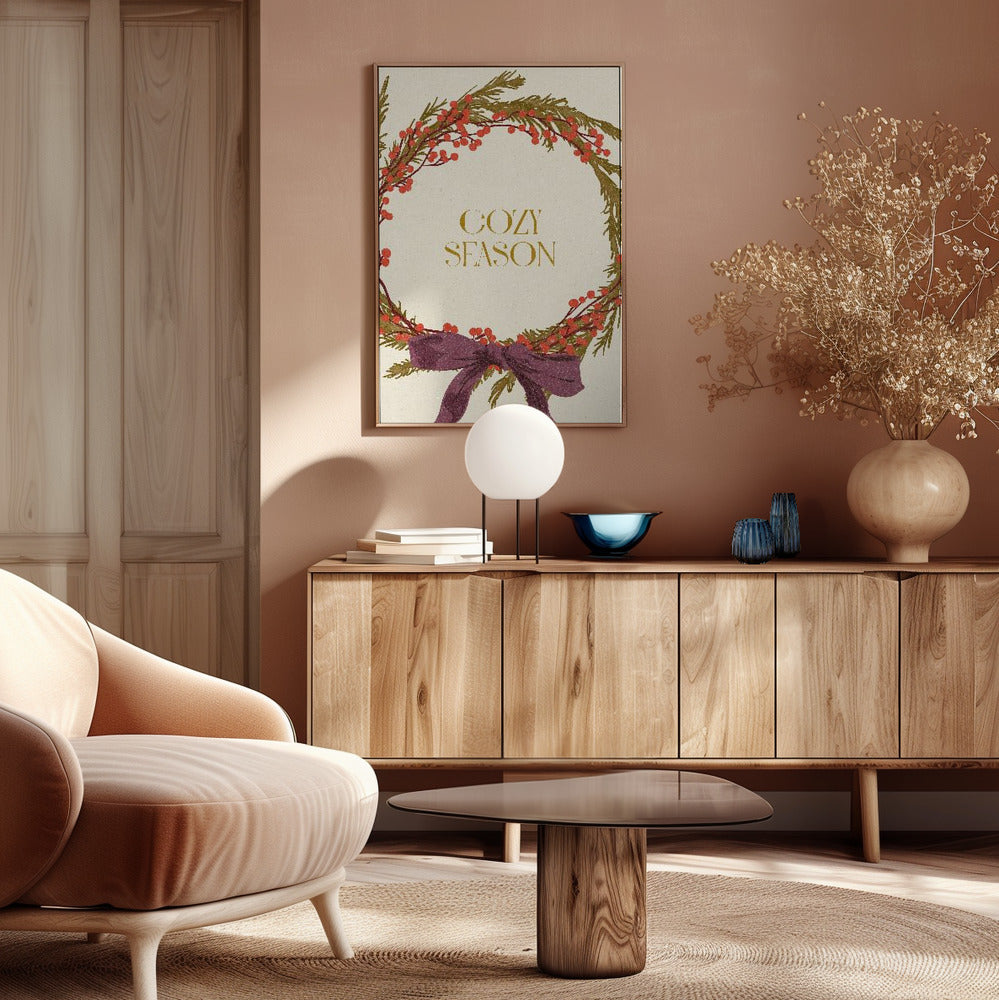 Cozy Season. Christmas wreath with bow Poster