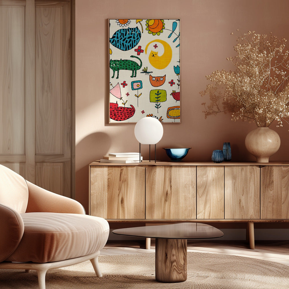 Spring Cat Beige - Cute Whimsical Cats with Flowers Poster