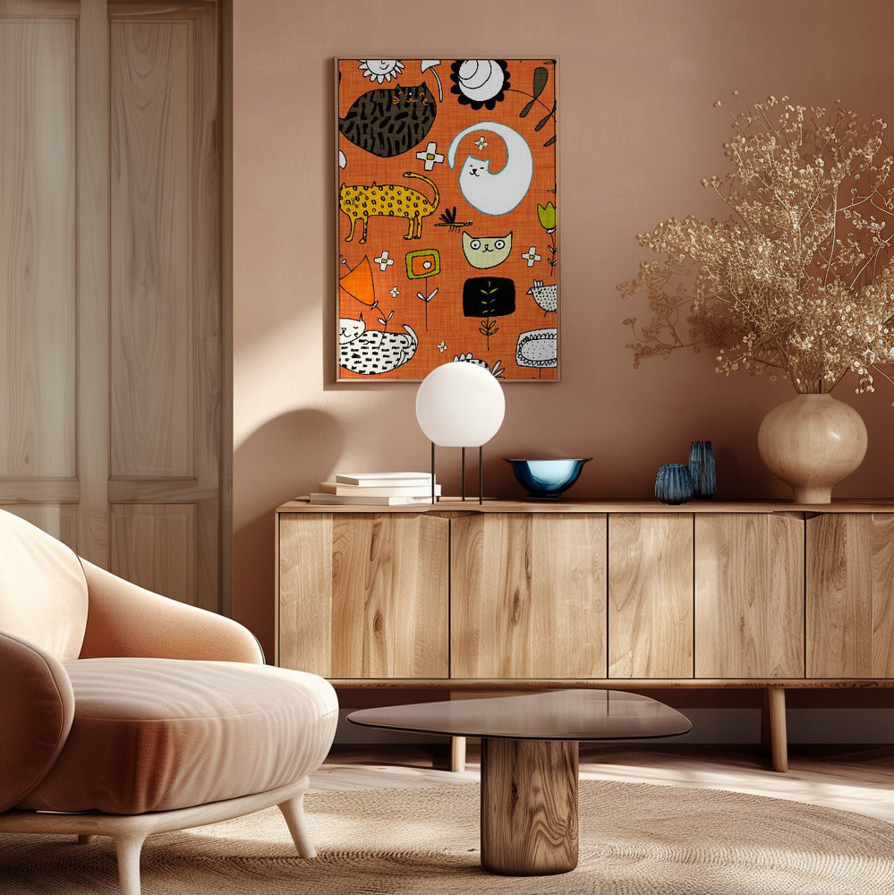 Spring Cat Orange - Cute Whimsical Cats with Flowers Poster